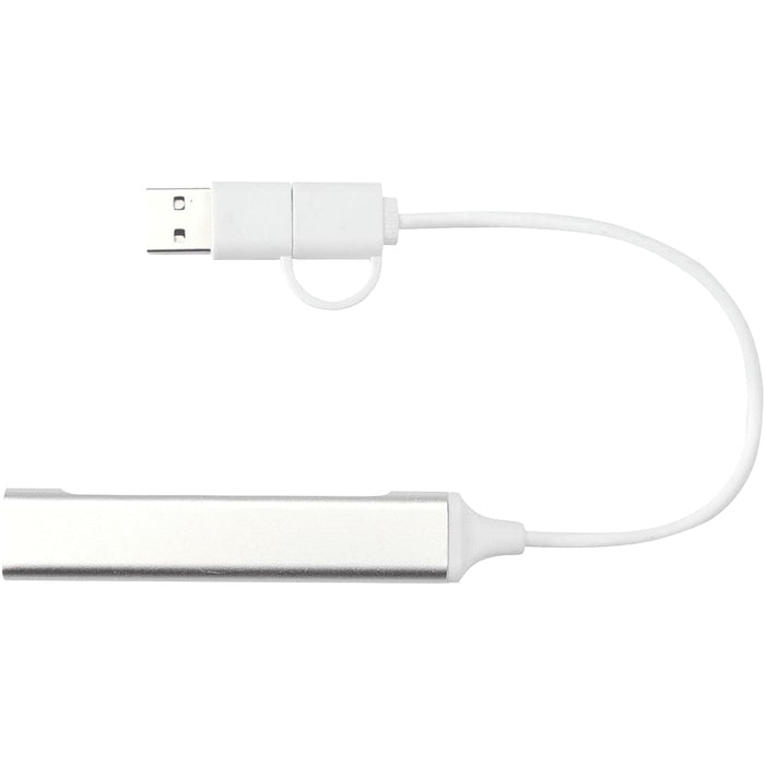 Alkaid 4-Port Recycled Aluminium USB-A & Type-C Hub w/ Dual Input - A silver aluminium USB-A and Type-C hub with a dual input and a white connecting cable. It has a logo on the surface.