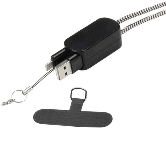 Anser Recycled Plastic Smartphone Lanyard w/ 27W 5-in-1 Built-in Cable - A black smartphone lanyard with a built-in 5-in-1 charging cable and a keyring attachment.