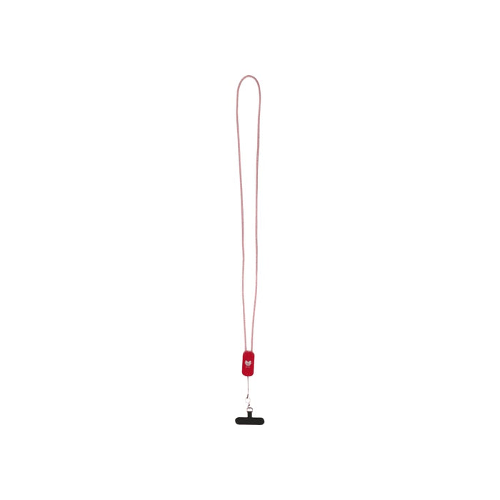 Anser Recycled Plastic Smartphone Lanyard w/ 27W 5-in-1 Built-in Cable - A red lanyard made from recycled plastic, featuring a built-in 27W 5-in-1 cable and a logo on the attachment.