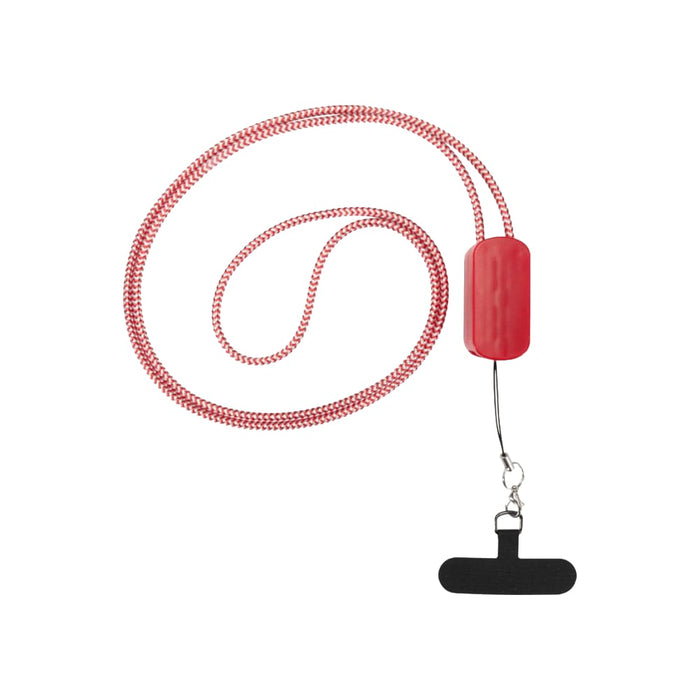 Anser Recycled Plastic Smartphone Lanyard w/ 27W 5-in-1 Built-in Cable - A red smartphone lanyard made from recycled plastic, featuring a braided strap and a built-in clip.