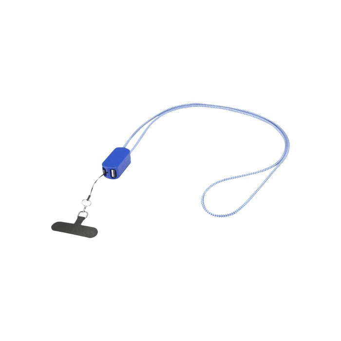 Anser Recycled Plastic Smartphone Lanyard w/ 27W 5-in-1 Built-in Cable - A blue lanyard with a built-in 27W 5-in-1 charging cable and a black attachment clip. Features a logo.