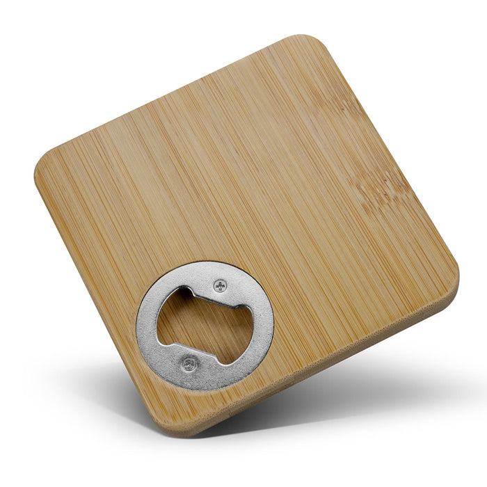 Bamboo Bottle Opener Coaster - Square - A drink bottle opener coaster in a square shape, featuring a bamboo finish and a metal bottle opener.
