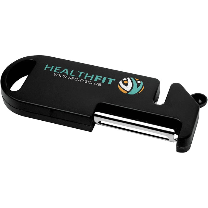 Kipper Multi-purpose Kitchen Tool - A multi-purpose kitchen tool in black with a logo, featuring a peeling blade and a finger grip design.