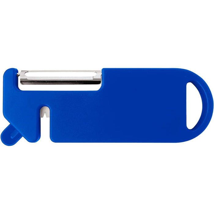 Kipper Multi-purpose Kitchen Tool - A blue multi-purpose kitchen tool featuring a peeler blade and a ergonomic design with a handle. It has a logo.