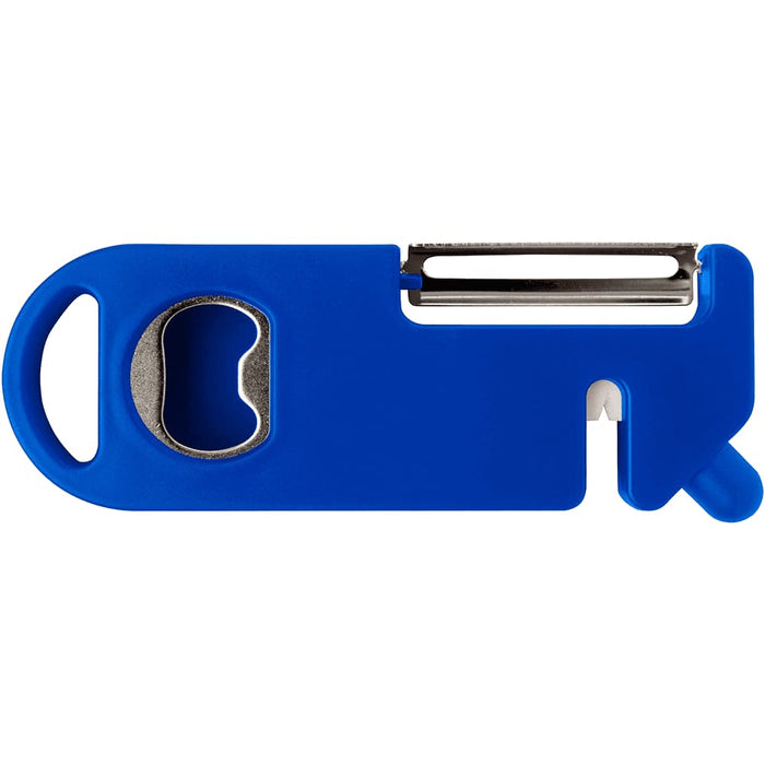 Kipper Multi-purpose Kitchen Tool - A blue multi-purpose kitchen tool featuring a peeler, bottle opener, and a small knife. It has a logo.