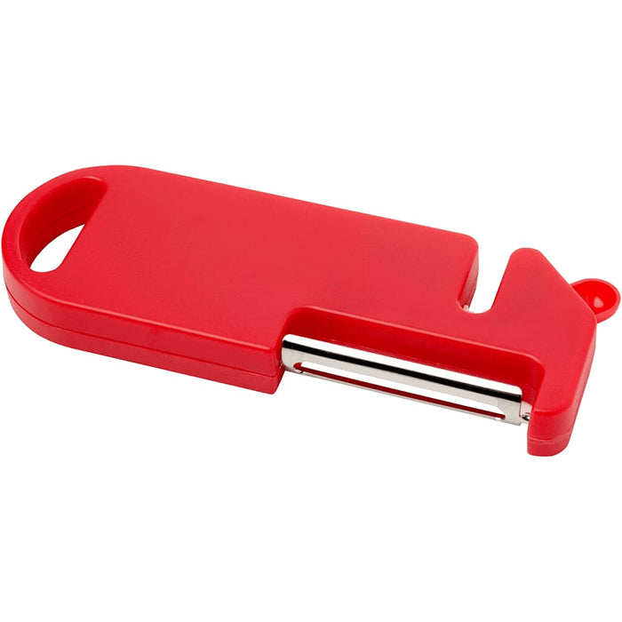 Kipper Multi-purpose Kitchen Tool - A red multi-purpose kitchen tool with a peeler blade and a handle, featuring a logo on its body.