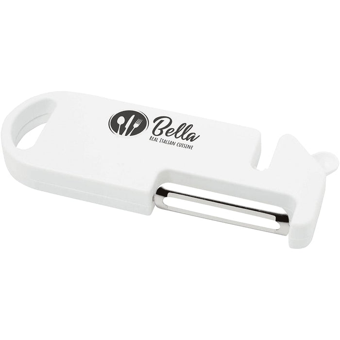 Kipper Multi-purpose Kitchen Tool - A white multi-purpose kitchen tool with a peeler and a logo.