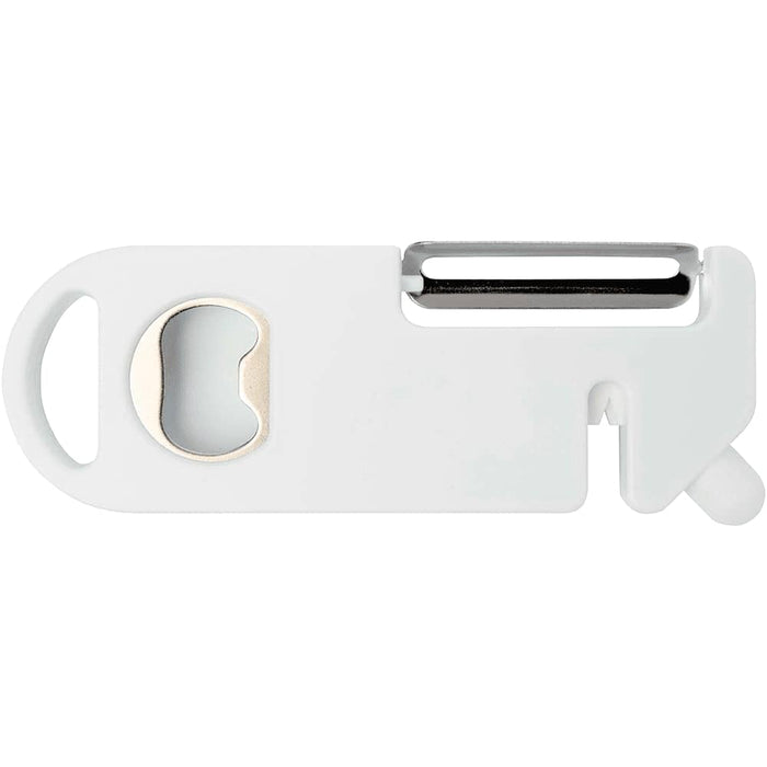 Kipper Multi-purpose Kitchen Tool - A multi-purpose kitchen tool in white, featuring a peeler, lid opener, and small cutting edge. It has a logo.