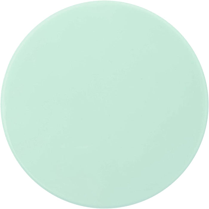 Glider Slider Makeup Mirror - A round mint green makeup mirror with a smooth surface. It features a simple design and has a branding logo.