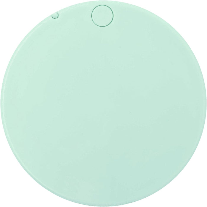 Glider Slider Makeup Mirror - A circular mint green makeup mirror featuring a smooth surface and a small button, with a logo present.