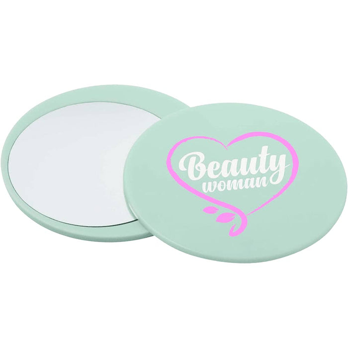 Glider Slider Makeup Mirror - A mint green makeup mirror with a pink heart design and text reading "Beauty woman." It features a reflective surface.