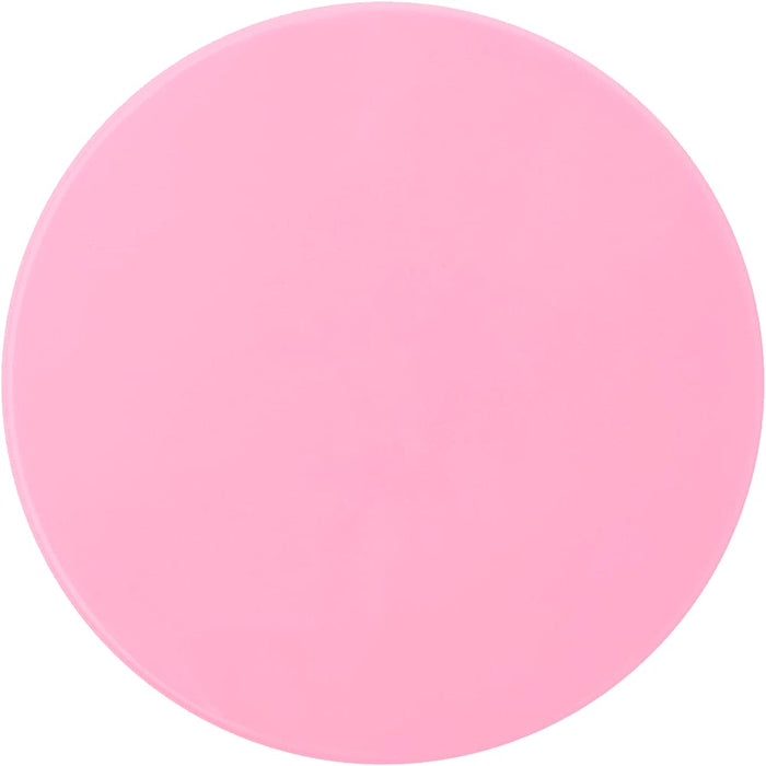 Glider Slider Makeup Mirror - A round pink makeup mirror with a smooth surface, featuring a simple design and a logo.