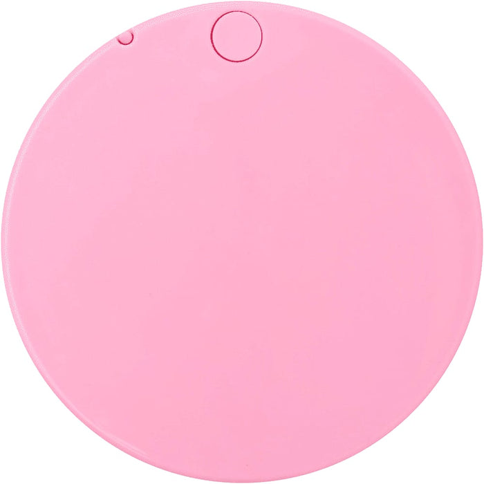 Glider Slider Makeup Mirror - A round, pink makeup mirror with a smooth surface and a small button. It features a logo on the back.