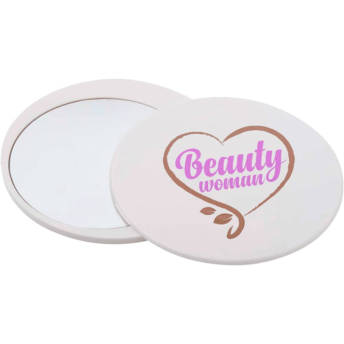 Glider Slider Makeup Mirror - A round, white makeup mirror with a mirrored side and a decorative design featuring the word "Beauty."