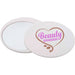 Glider Slider Makeup Mirror - A round, white makeup mirror with a mirrored side and a decorative design featuring the word "Beauty."