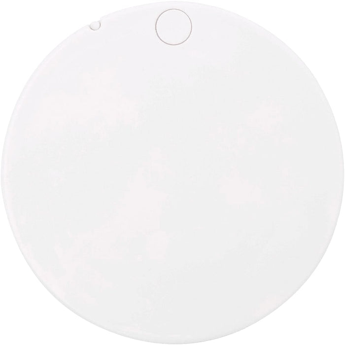 Glider Slider Makeup Mirror - A round, white compact makeup mirror with a small button on one side and a logo.