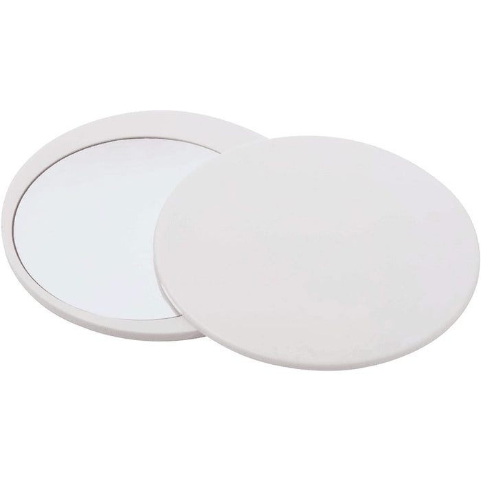 Glider Slider Makeup Mirror - A round white makeup mirror with a reflective surface, featuring a sleek design and a branded logo.