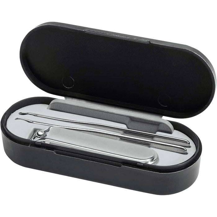 Beautix Manicure Set - A sleek black manicure set containing nail clippers, a nail file, and a cuticle pusher in a compact case.
