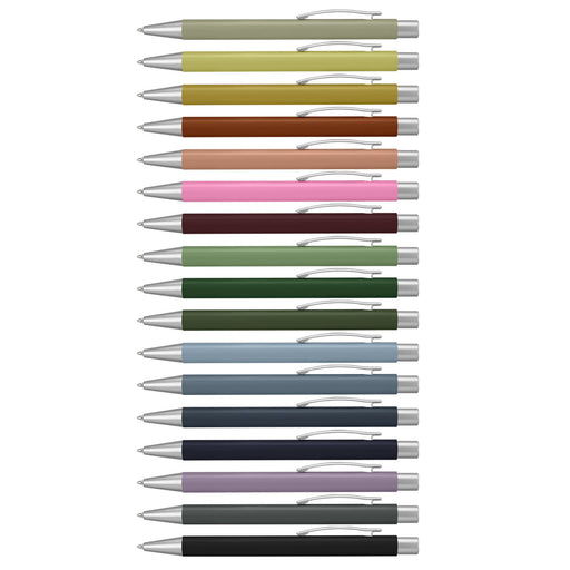 Lancer Fashion Pen - A collection of metal pens in various colours, each featuring a silver clip and detailing.
