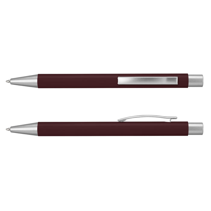 Lancer Fashion Pen - A maroon metal pen featuring silver accents and a clip, showcasing a sleek and elegant design.