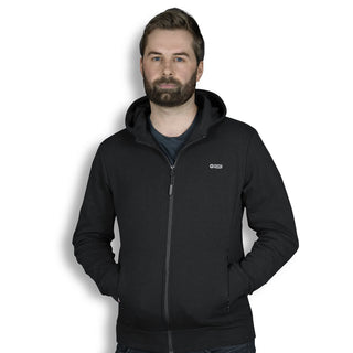 Swiss Peak Urban Hoodie - A black zip-up hoodie worn by a man with a beard, featuring a hood and a small logo.