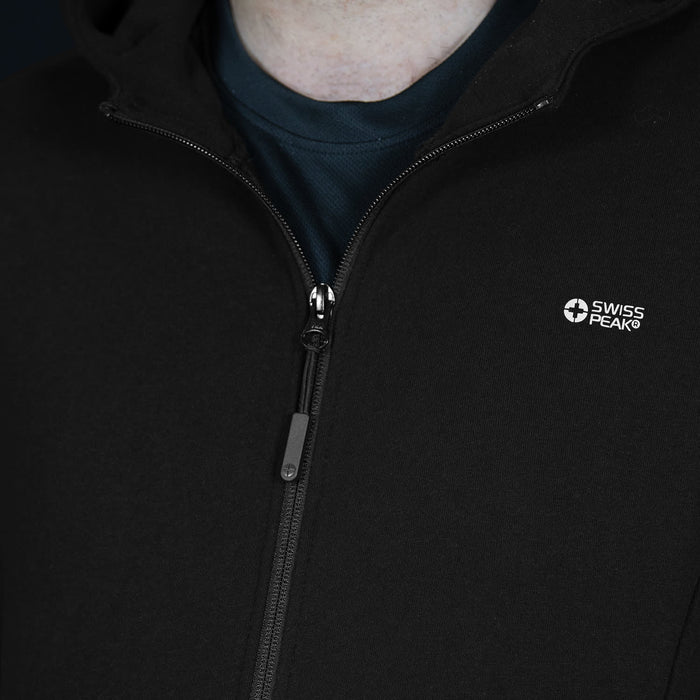 Swiss Peak Urban Hoodie - A black zip-up hoodie featuring a small logo on the chest and a lined hood.