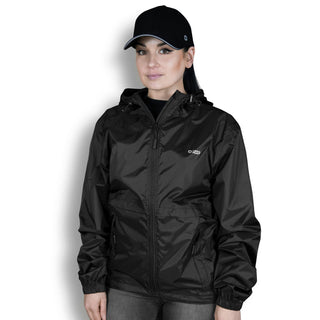 Swiss Peak Urban Windbreaker - A black windbreaker jacket with a hood and front pockets, worn by a model. The jacket features a logo.