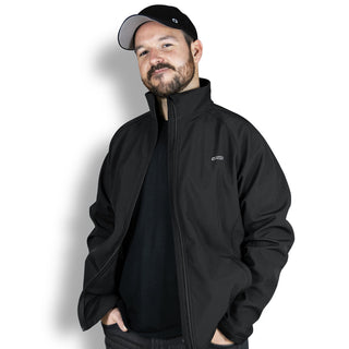 Swiss Peak Urban Softshell Jacket - A man wearing a black Swiss Peak Urban Softshell Jacket with a branded logo, set against a plain background.