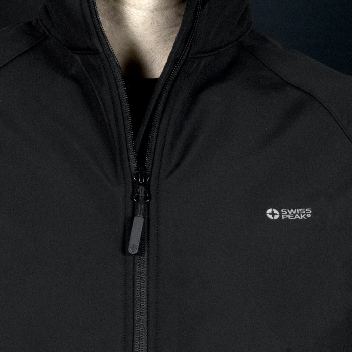 Swiss Peak Urban Softshell Jacket - A black Swiss Peak Urban Softshell Jacket featuring a zip front and a logo on the chest.
