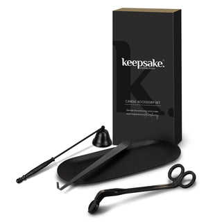 Keepsake Candle Accessory Set - A candle accessory set featuring a black candle snuffer, wick trimmer, and dipper, presented in a sleek black box.
