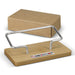 Bamboo Business Card Stand - A bamboo business card stand with a silver metal holder, accompanied by a brown craft box.