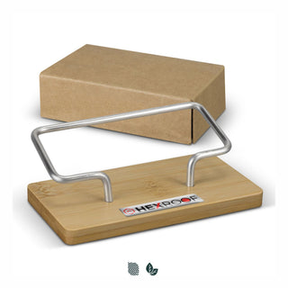 Bamboo Business Card Stand - A bamboo business card stand with a silver metal holder, packaged in a plain cardboard box.