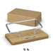 Bamboo Business Card Stand - A bamboo business card stand with a silver metal holder, packaged in a plain cardboard box.