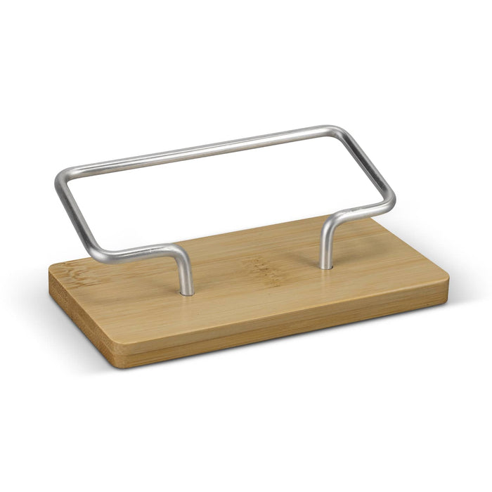 Bamboo Business Card Stand - A bamboo business card stand with a silver metal holder, featuring a sleek and modern design.