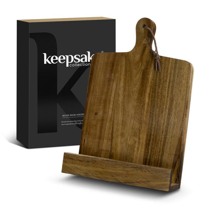 Keepsake Recipe Book Holder - A wooden recipe book holder in a natural finish, presented with a sleek black packaging box featuring a logo.