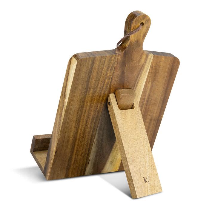 Keepsake Recipe Book Holder - A wooden recipe book holder with a natural finish, featuring a sturdy base and a handle for easy carrying.