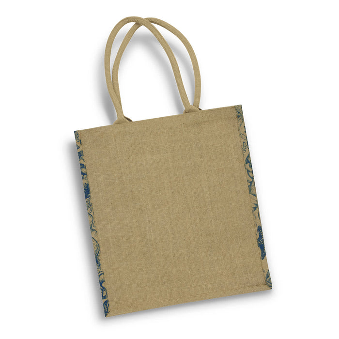Lanza Jute Tote Bag - A jute tote bag in natural colour with patterned blue trim and two sturdy handles. Features a logo.