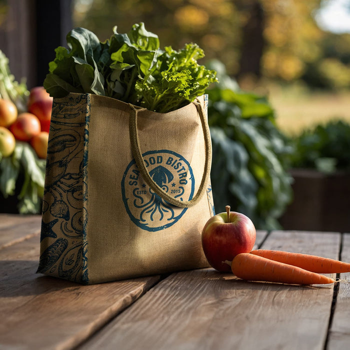 Lanza Jute Tote Bag - A jute tote bag with a logo, filled with leafy greens, a red apple, and two carrots, set on a wooden table.