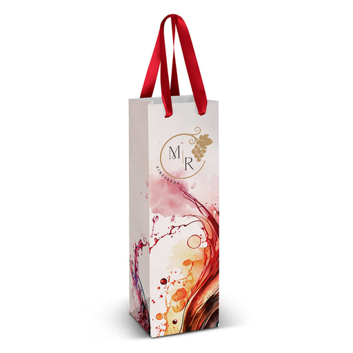 Wine Ribbon Handle Paper Bag - Full Colour - A wine ribbon handle paper bag in white, featuring colourful wine splash designs and a logo.