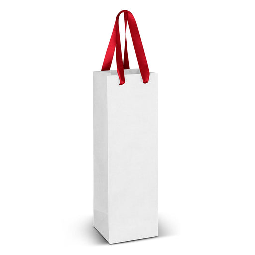 Wine Ribbon Handle Paper Bag - Full Colour - A tall, white paper bag with red ribbon handles, designed for holding a drink bottle.