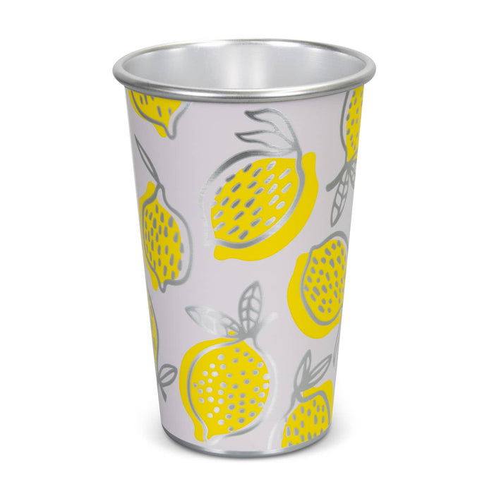 Burano Colour Changing Cup - A drink cup featuring a lemon design in yellow and silver on a light purple background. It has a metallic interior and a logo.