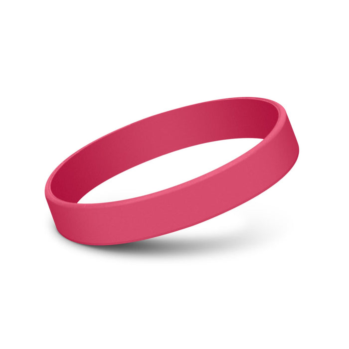 Kids Silicone Wrist Band - Embossed - A pink silicone wristband with a smooth surface and a debossed design, featuring a brand logo.