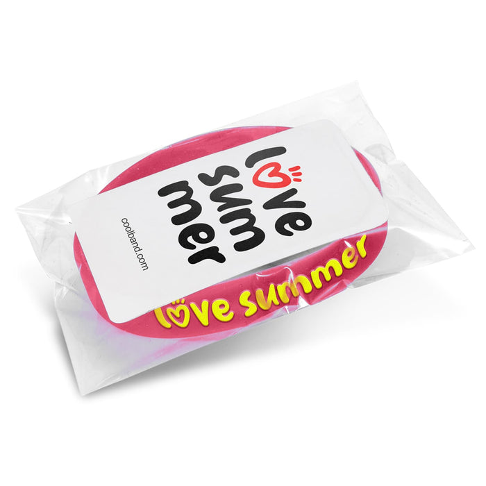 Kids Silicone Wrist Band - Embossed - A pink silicone wristband in clear packaging with a logo.