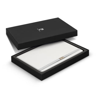Pierre Cardin Nouvelle Notebook Gift Set - Special - A sleek black gift box containing a white notebook with a metallic strap, featuring a brand logo.