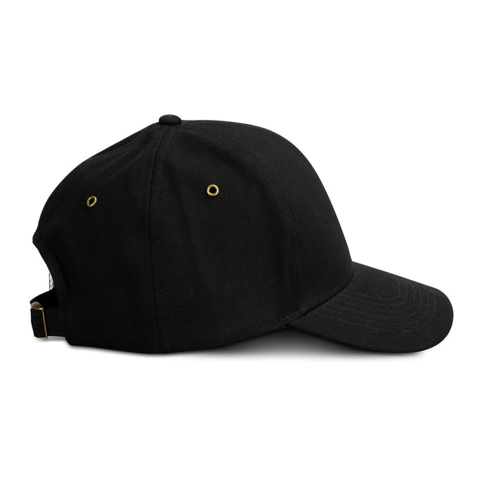 Essence Organic Cap - A black cap with a curved brim, featuring ventilation eyelets and an adjustable strap at the back.