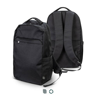 Oceana Recycled Backpack - A black recycled backpack with padded straps and a front pocket, featuring a logo on the side.