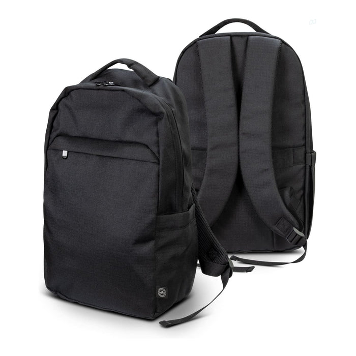 Oceana Recycled Backpack - A black recycled backpack with adjustable straps and zippered compartments, featuring a logo on one side.