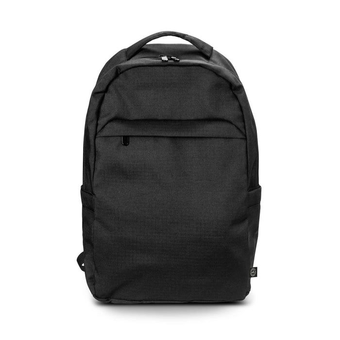 Oceana Recycled Backpack - A black recycled backpack with a front pocket and side compartments, featuring a logo.
