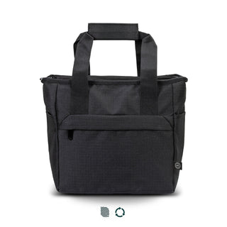 Oceana Recycled Cooler Bag - A black cooler bag with two handles, featuring a zippered compartment and side pockets. It also has a logo.