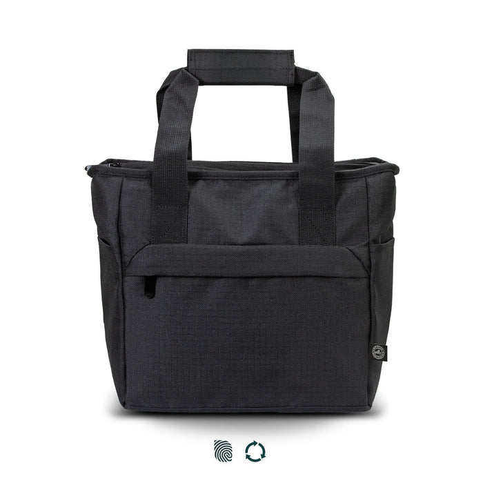 Oceana Recycled Cooler Bag - A black cooler bag with two handles, featuring a zippered compartment and side pockets. It also has a logo.